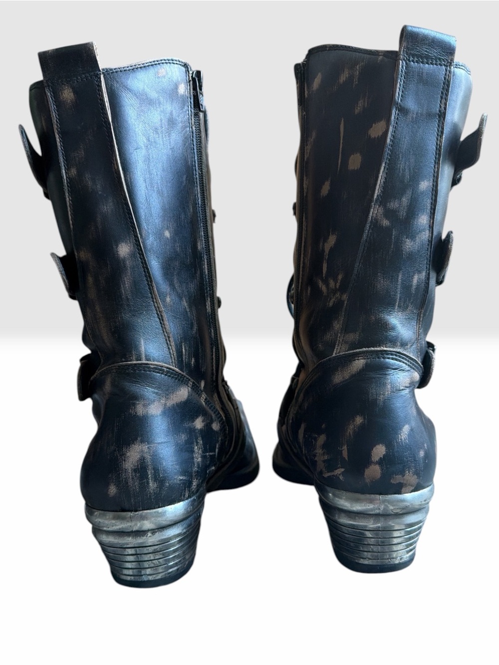 Distressed Black Western Lace-Up Cowboy Boots w/ Buckle Accents Sz US 12. EU 46 - Picture 6 of 10